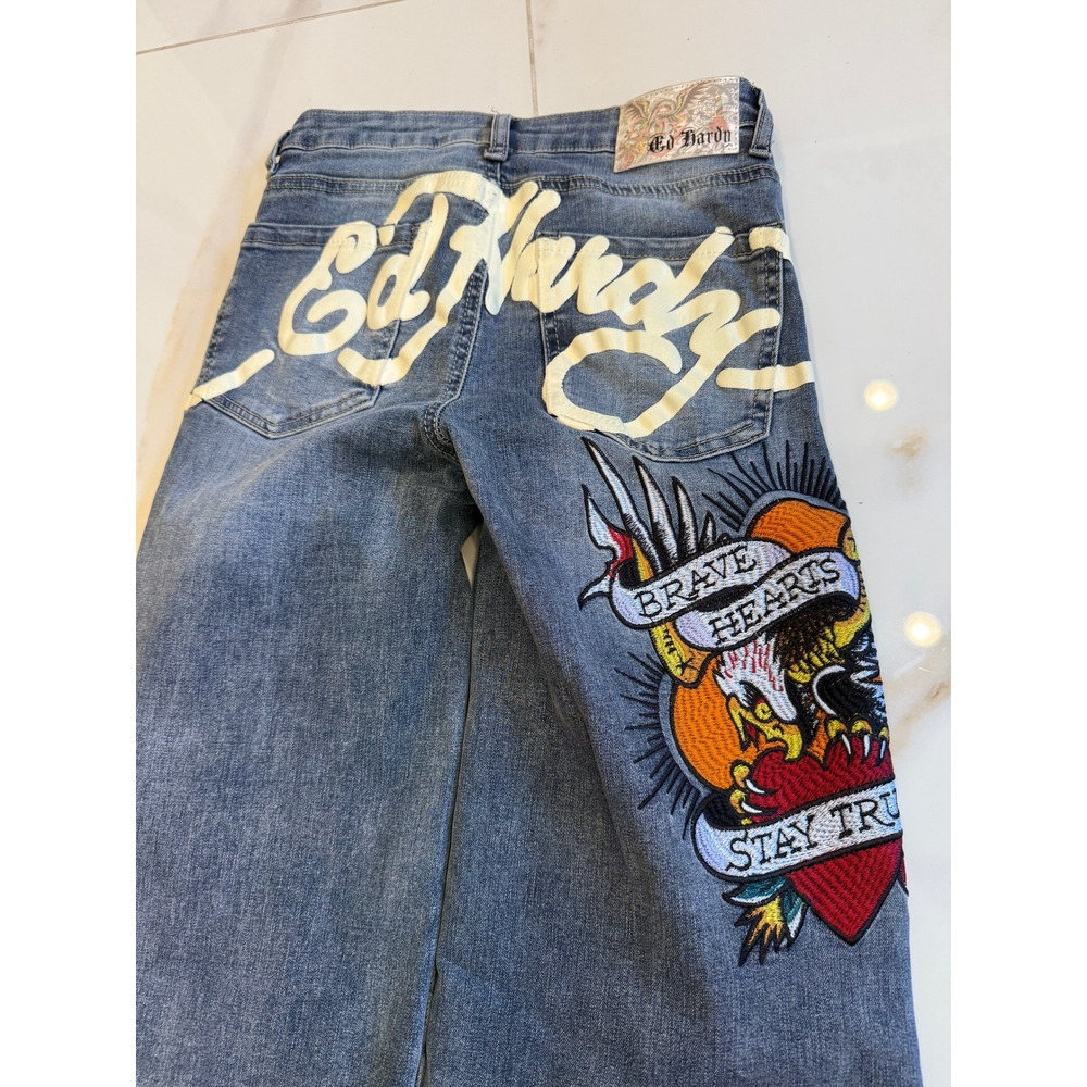 Ed Hardy Wide Leg Denim Jeans Blue Tattoo Graphic Embroidered Size 24 Y2K - Picture 3 of 7